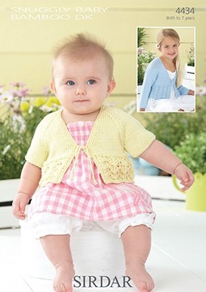 Sirdar 4434 uses Snuggly Baby Bamboo DK yarn to knit these cute cardigans. Uses #3 weight yarn. Sizes birth to 7 years.